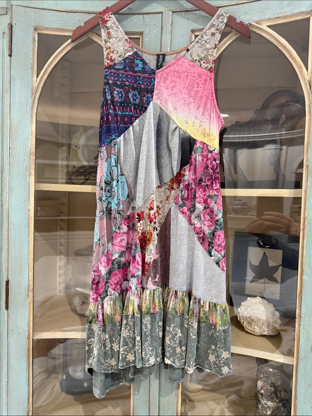 Boho Patchwork Floral Lace Ruffle Babydoll Dress Sacred Threads Mixed Print L
